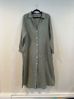 Zara Olive Green Button-Front Maxi Shirt Dress